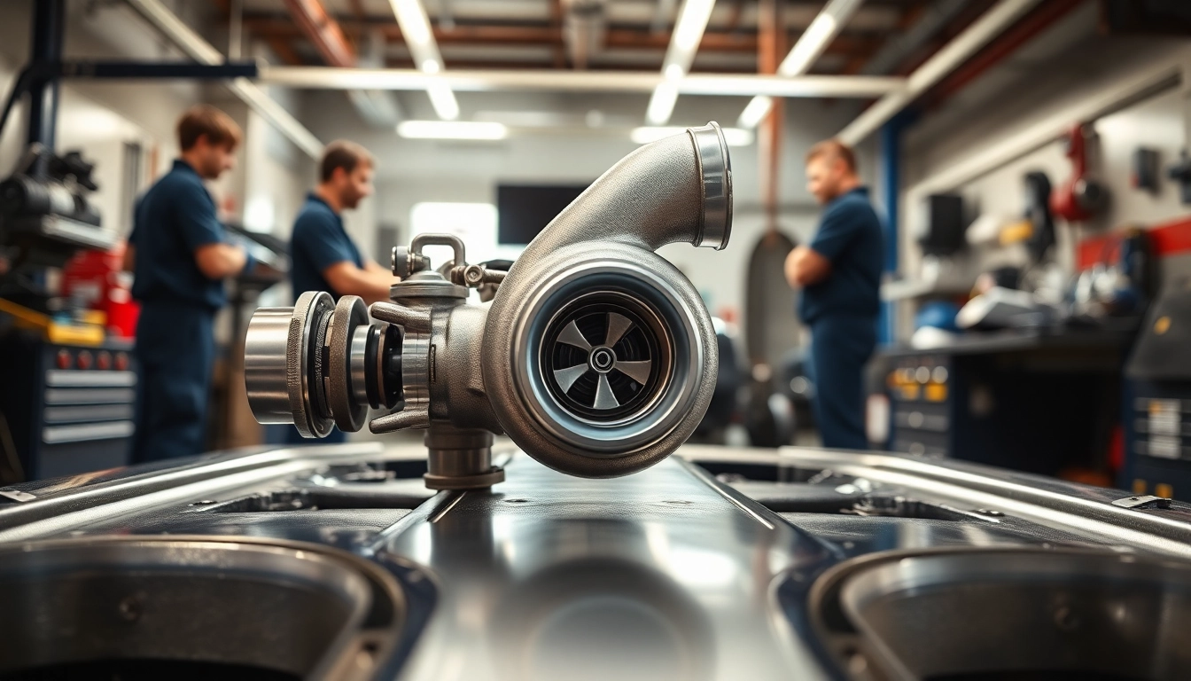 Install a Turbosmart turbo system in a professional automotive workshop with detailed craftsmanship.