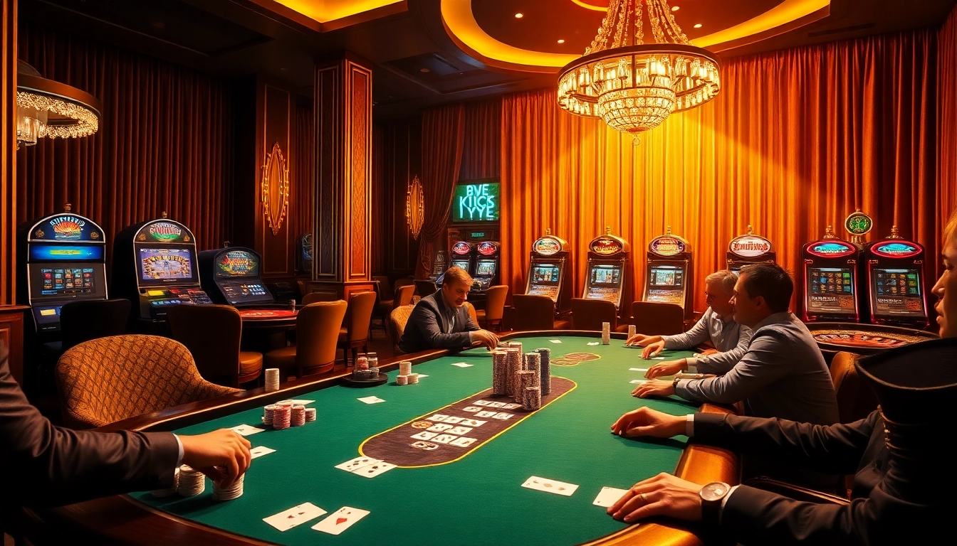 Excited players engaging in high-stakes poker at Kjc us com's luxurious casino.