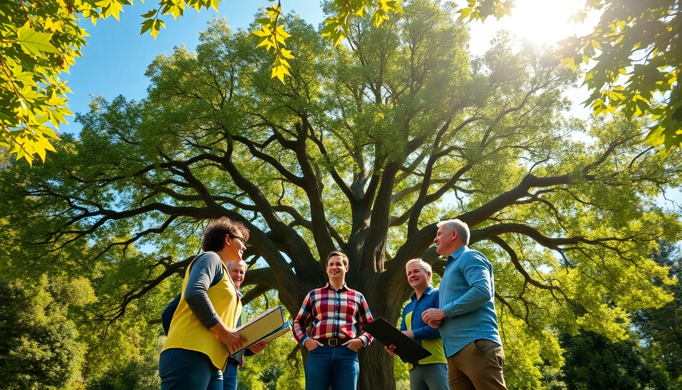 Tree Consultancy professionals assessing a majestic oak tree in a verdant outdoor setting.