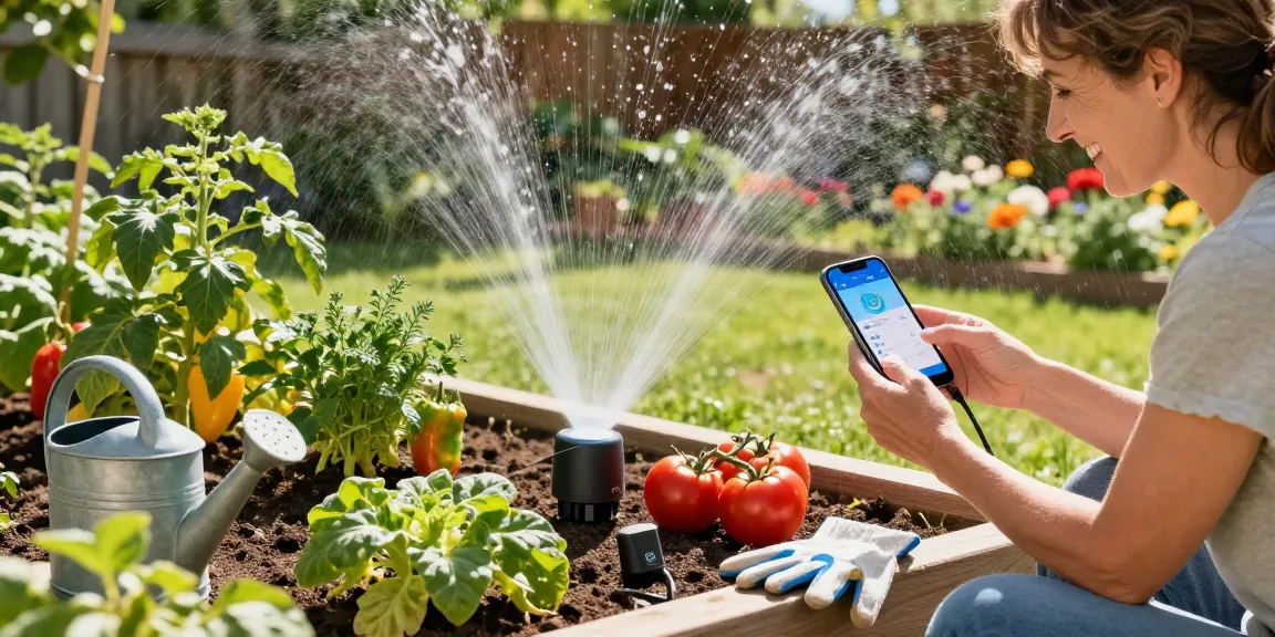 Smart sprinkler system in action as a woman adjusts her gardening app in a vibrant vegetable garden.