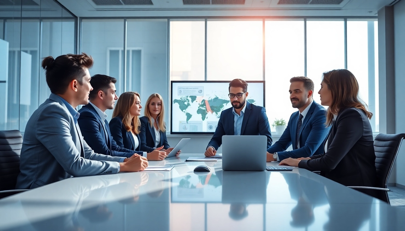 Engage in business discussions with diverse professionals in a modern office environment.