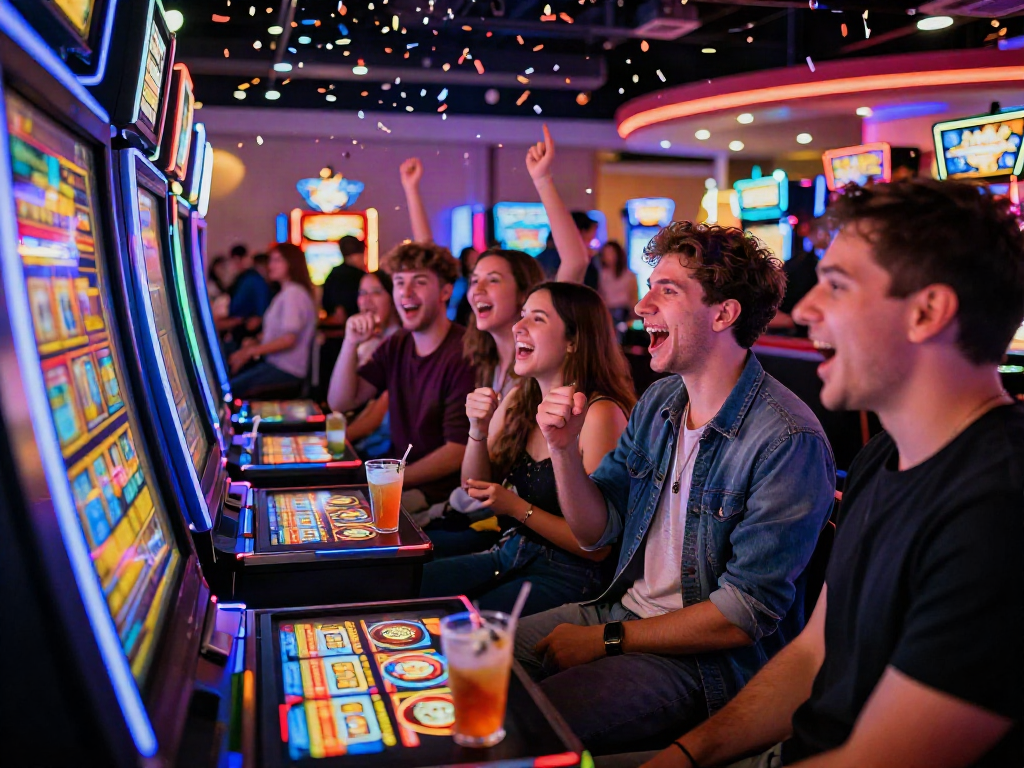 Friends enjoying a slot bonus in a vibrant casino setting with colorful lights and excitement.