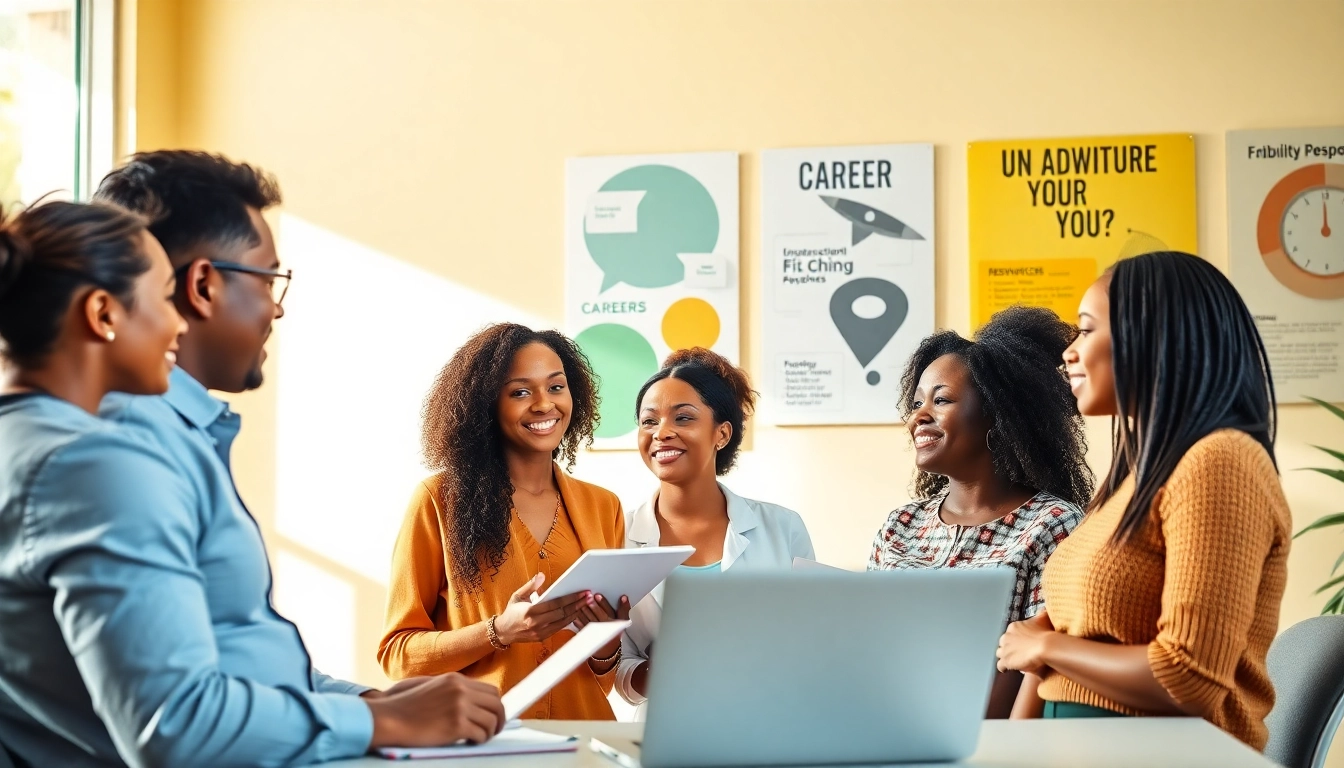 Find my true calling with a career coach in a bright office setting helping diverse individuals.