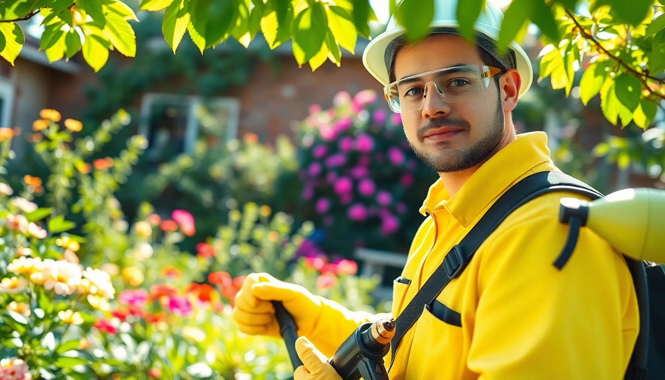 Implementing emergency insect control with a technician in a vibrant garden setting.