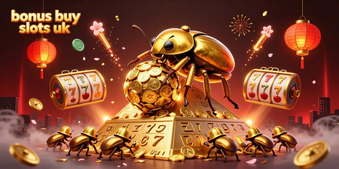 Engage with thrilling bonus buy slots UK, featuring golden beetles rolling coins and epic slot reels amidst festive elements.