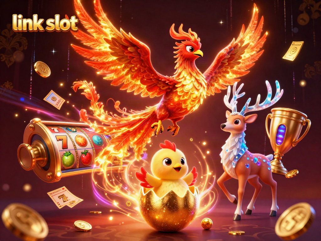 Spin the link slot reels with a vibrant phoenix and casino elements in this stunning illustration.