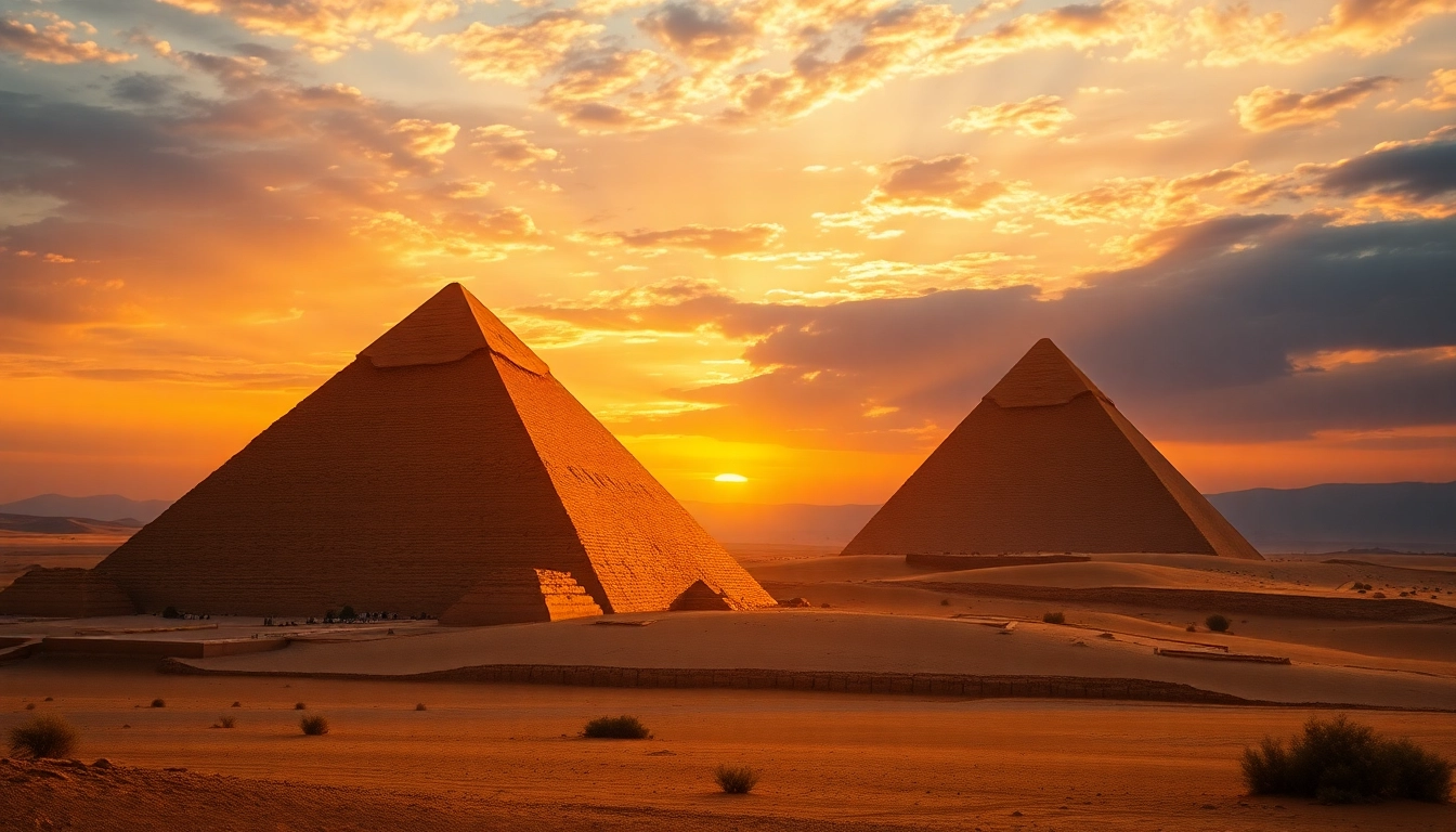 Gaze at the magnificent piraminds under a vibrant sunset highlighting their grandeur.