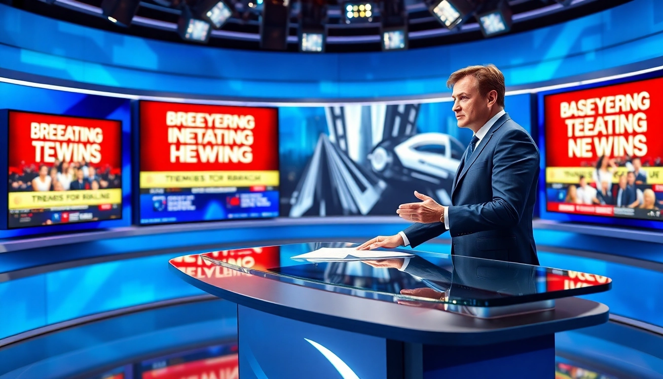 Engaging news anchor delivering the latest News in a state-of-the-art studio.