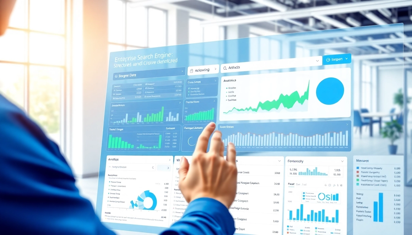 Visual representation showcasing an enterprise search engine interface with data analytics and user interaction.