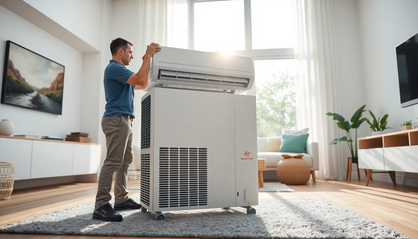 Technician installing an American Standard air conditioner inside a modern living room.