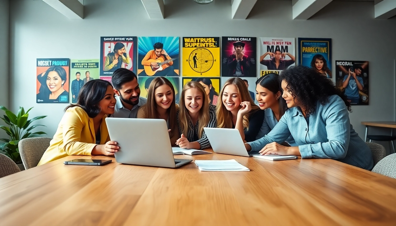 Team collaborating in a music PR company workspace, showcasing vibrant creativity and strategy.