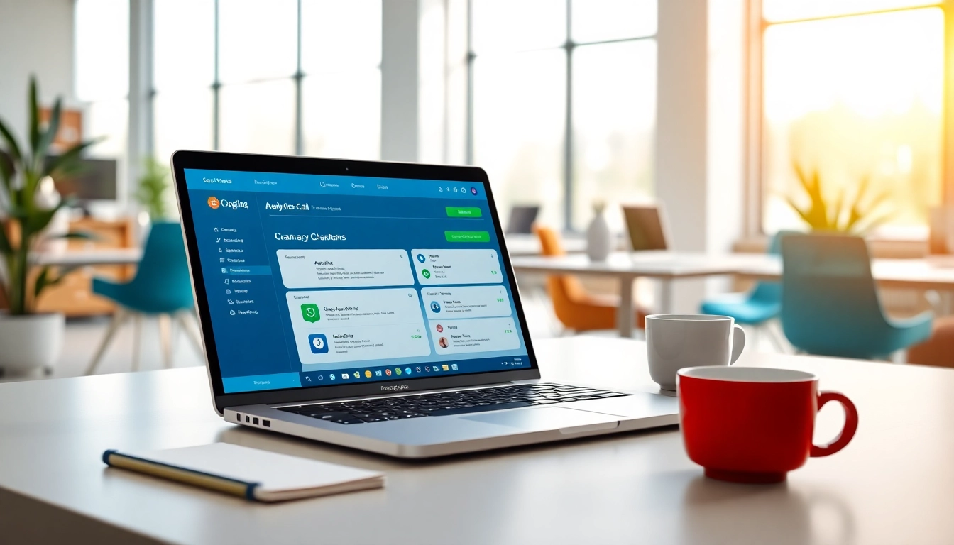 Showcasing call center software interface on a laptop in a bright office setting, highlighting user-friendly features.
