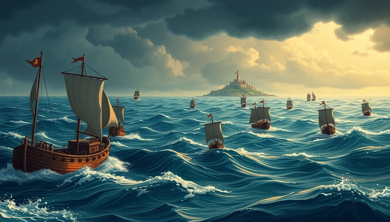 Illustration of the epic odyssey meaning origin depicting Odysseus navigating perilous seas.