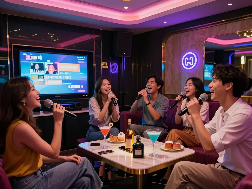 호화로운 노래방 환경에서 친구들과 함께 강남가라오케 경험을 즐기기.
