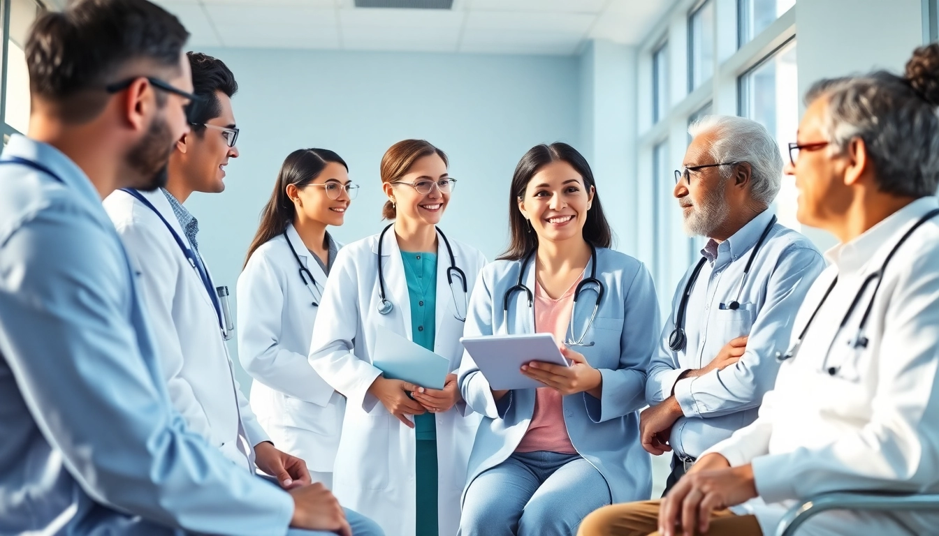 Engaging scene with YourGP doctors supporting patients in a welcoming healthcare environment.