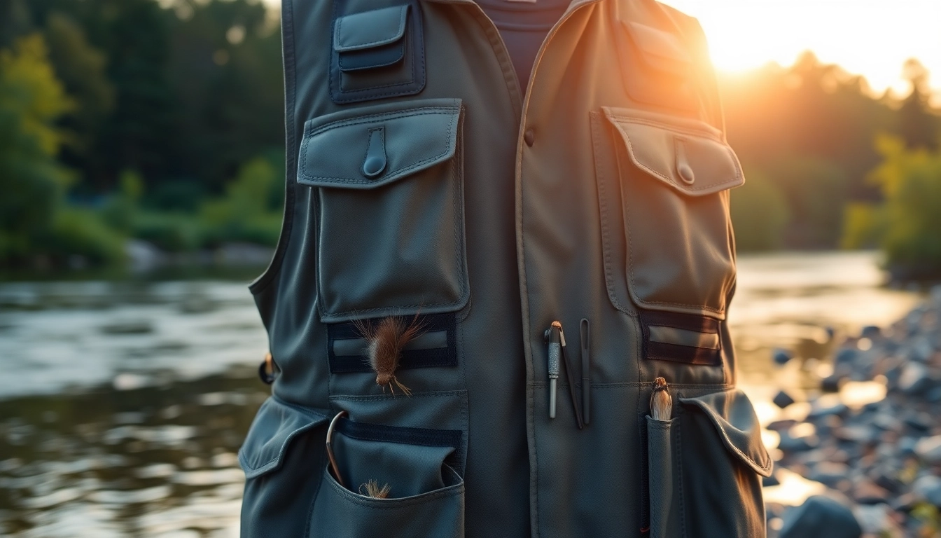 Showing a fly fishing vest with essential tools against a serene river setting.
