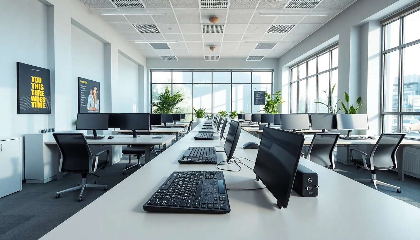 Streamlined typing center showcasing modern equipment and a bright workspace.