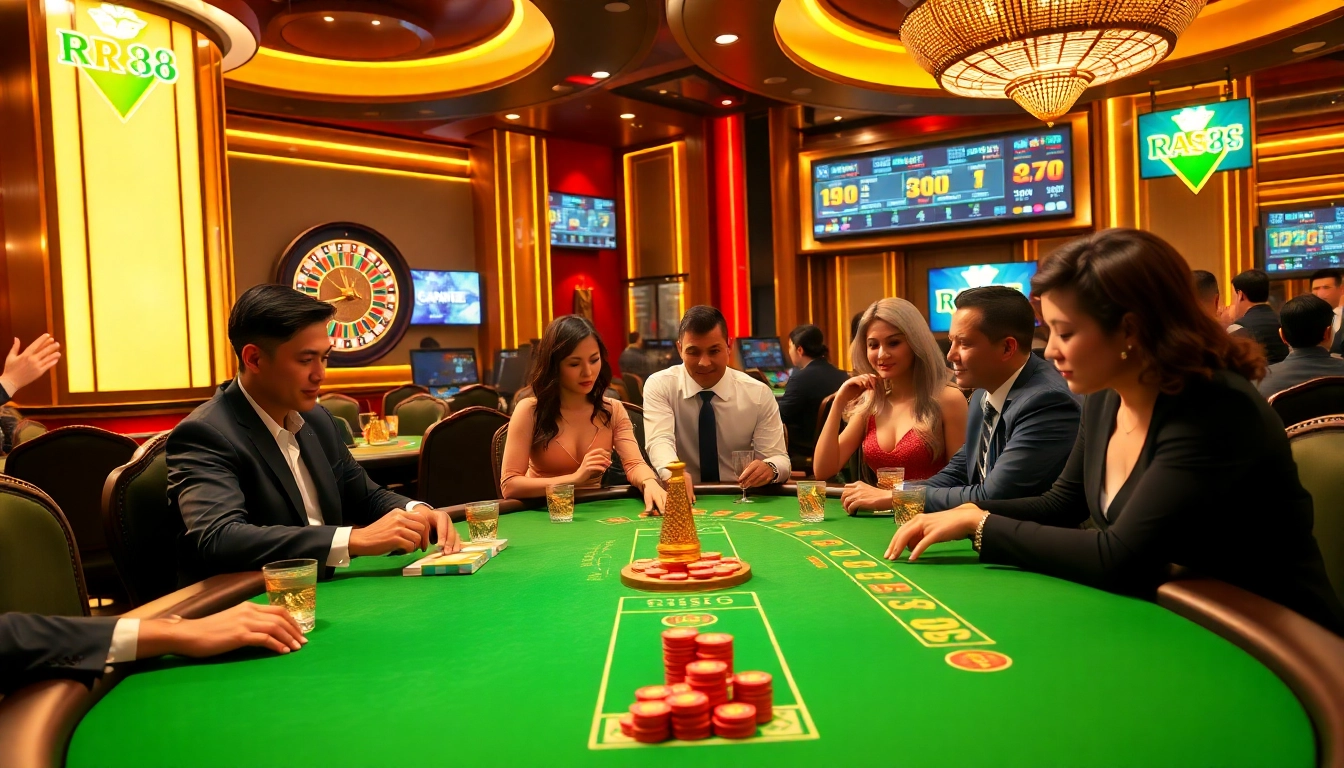 Exciting blackjack game at nhà cái rr88, showcasing vibrant poker chips and a spinning roulette wheel.