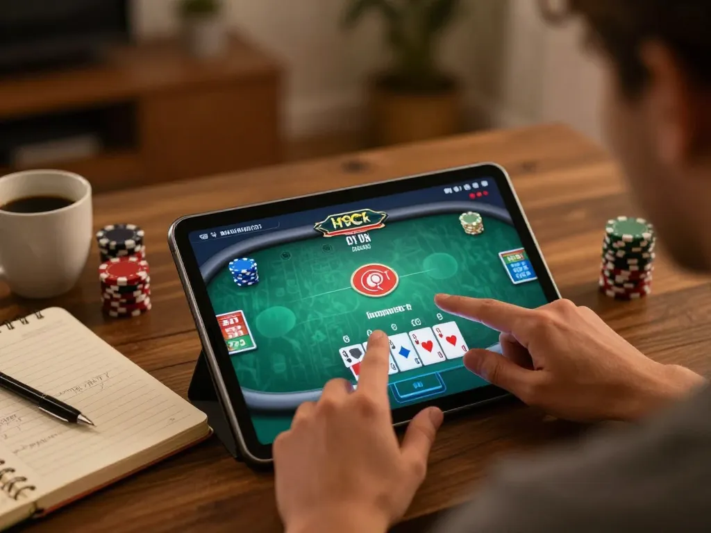 Player placing strategic bets on vipwin tablet interface in cozy home setting.
