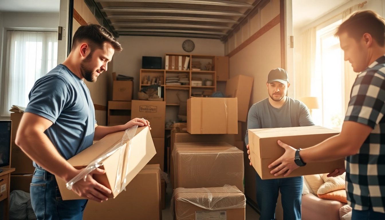 Movers and packers efficiently packing items into a truck for relocation.