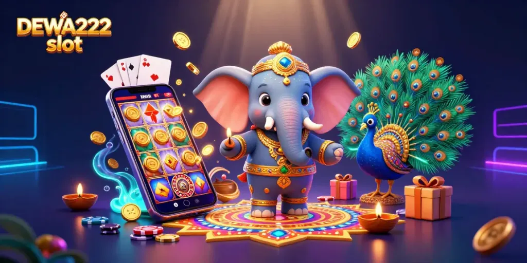 Experience the thrill of winning with DEWA222 slot and colorful casino-themed 3D illustration featuring vibrant game elements.