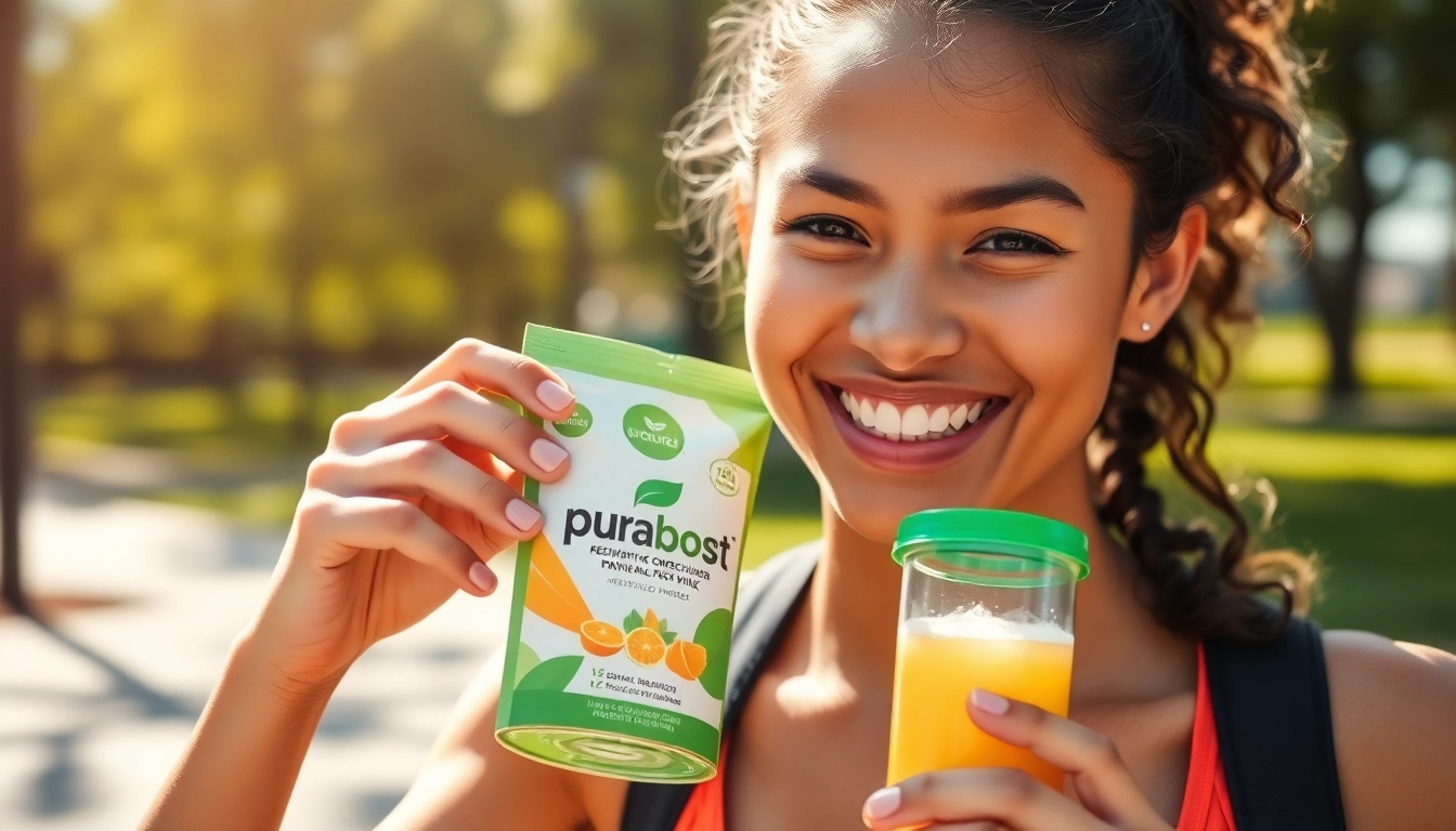 Puraboost drink mix in the hands of an active individual enjoying a refreshing boost outdoors