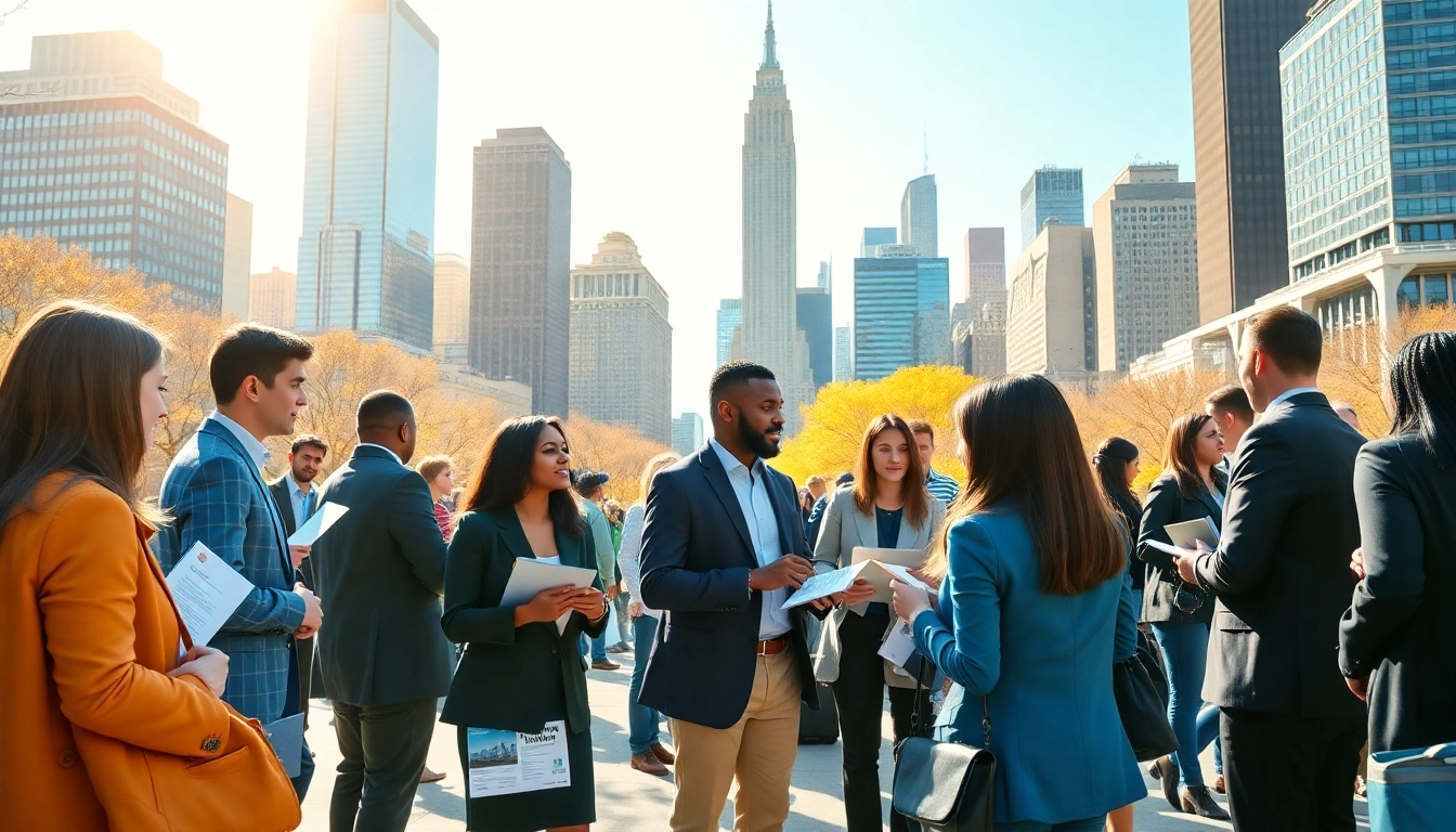 Job seekers networking for new jobs new york amidst NYC’s vibrant atmosphere.