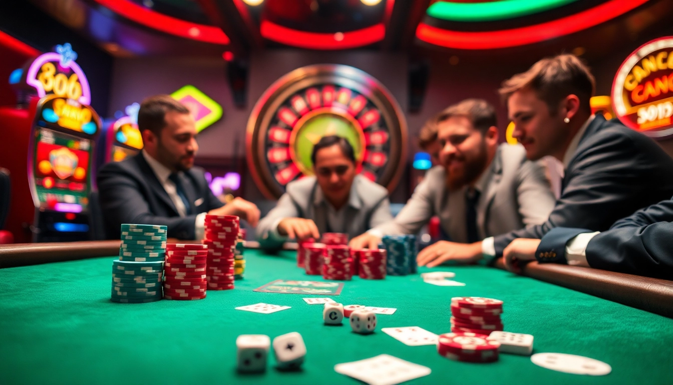 Experience JBO live poker action with vibrant chips, roulette wheel, and excited players in a thrilling casino atmosphere.