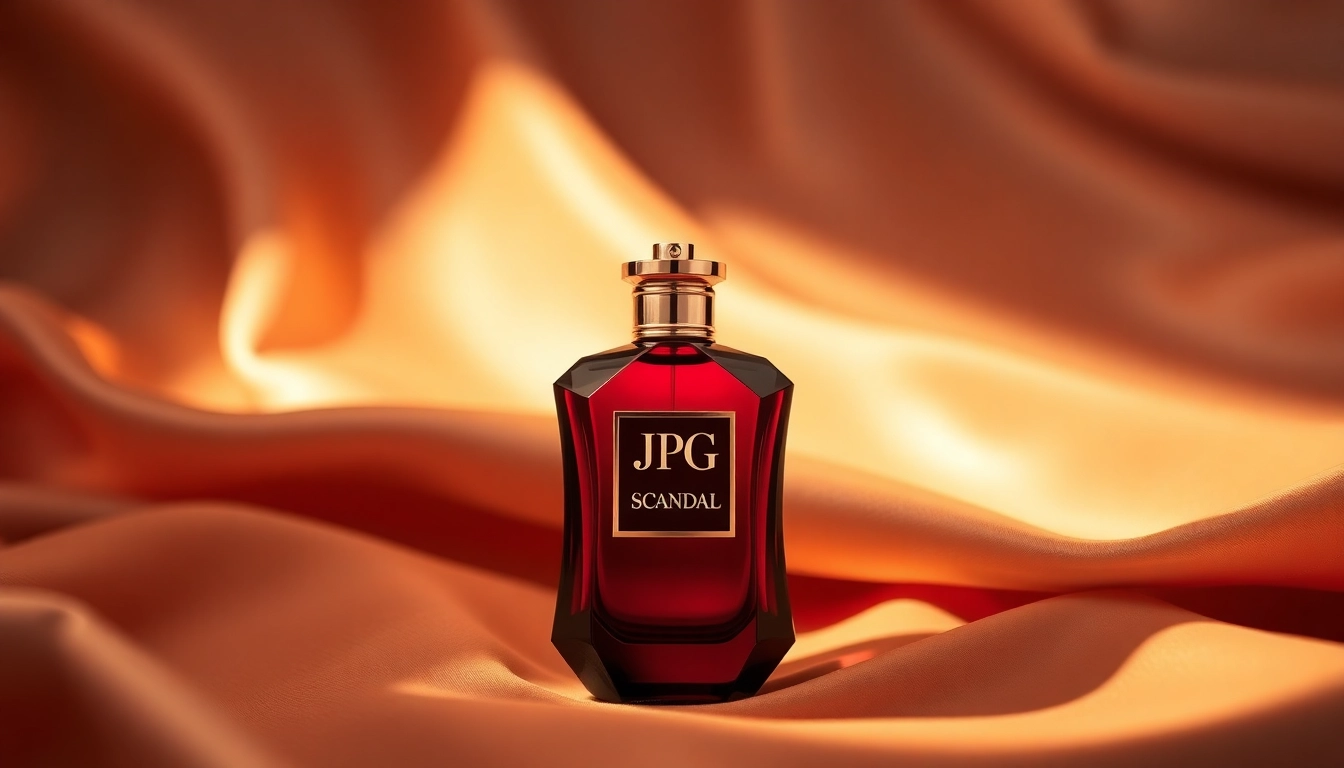 Showcasing Jpg Scandal perfume bottle in a luxurious setting, highlighting its elegant design and warm glow.