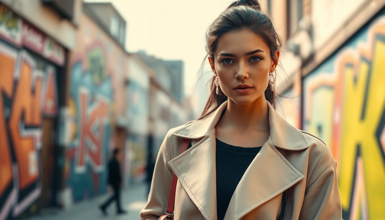 Fashion and Apparel model showcasing a modern outfit against vibrant street art.