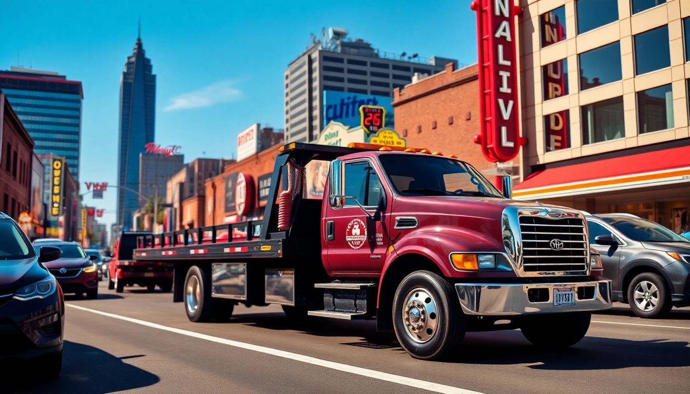 Flatbed towing Nashville service showcased with a fully equipped truck in a vibrant urban setting.