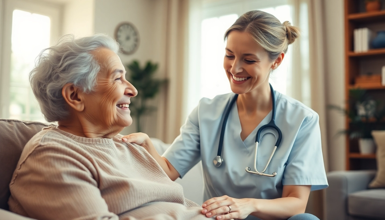 Engaged caregiver providing in home senior care to an elderly client in a cozy living room.