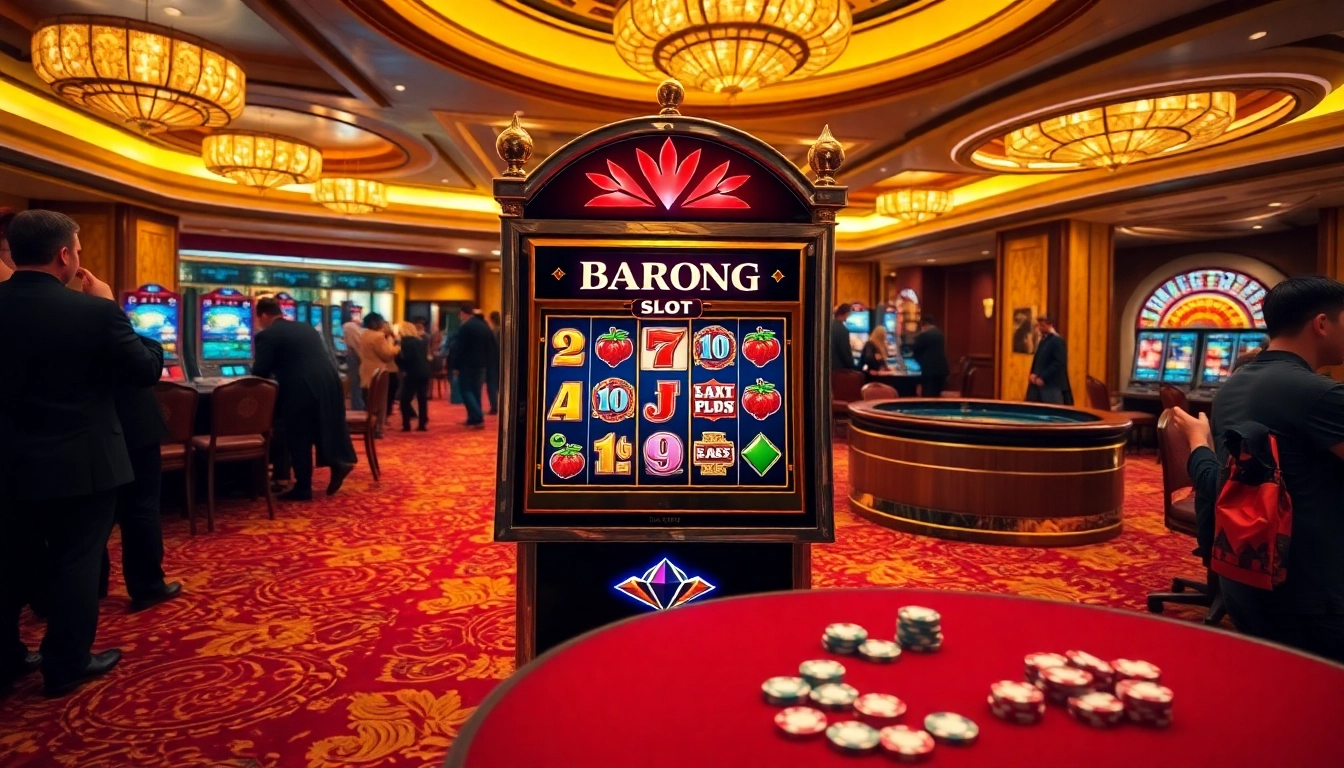 Experience the thrill of Raja Barong Slot in a vibrant casino atmosphere with colorful slot machines.