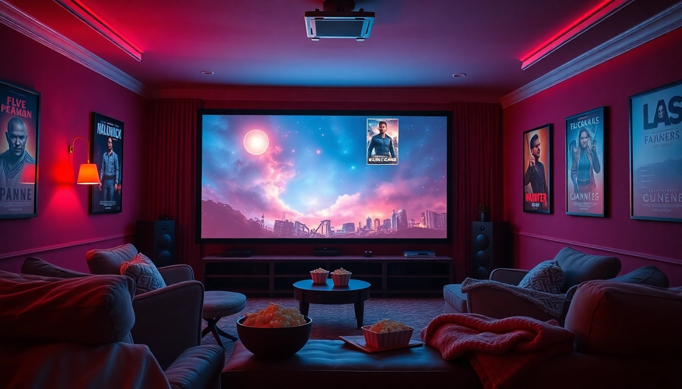 Cozy home theater featuring a large screen displaying a film with ambient lighting and plush seating.
