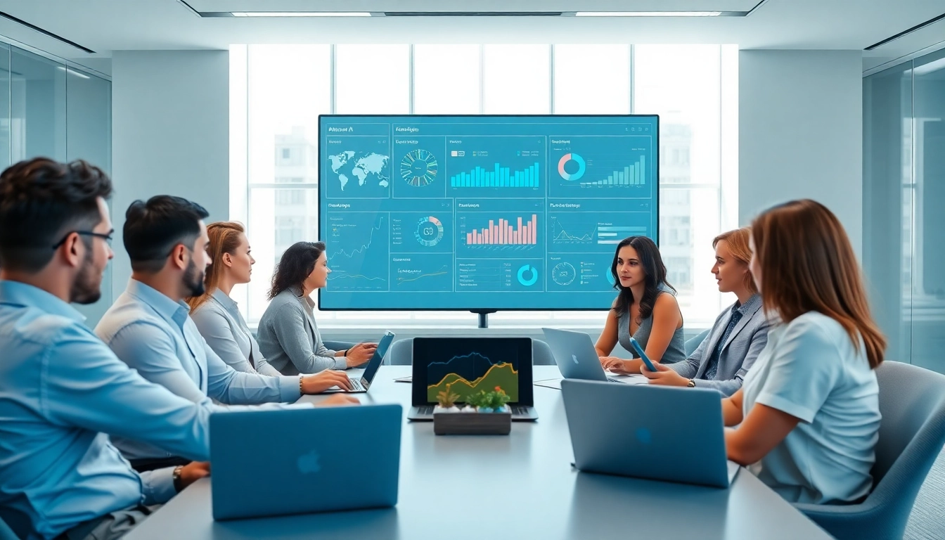 Team collaborating with an enterprise ai assistant on sleek devices in a modern office.