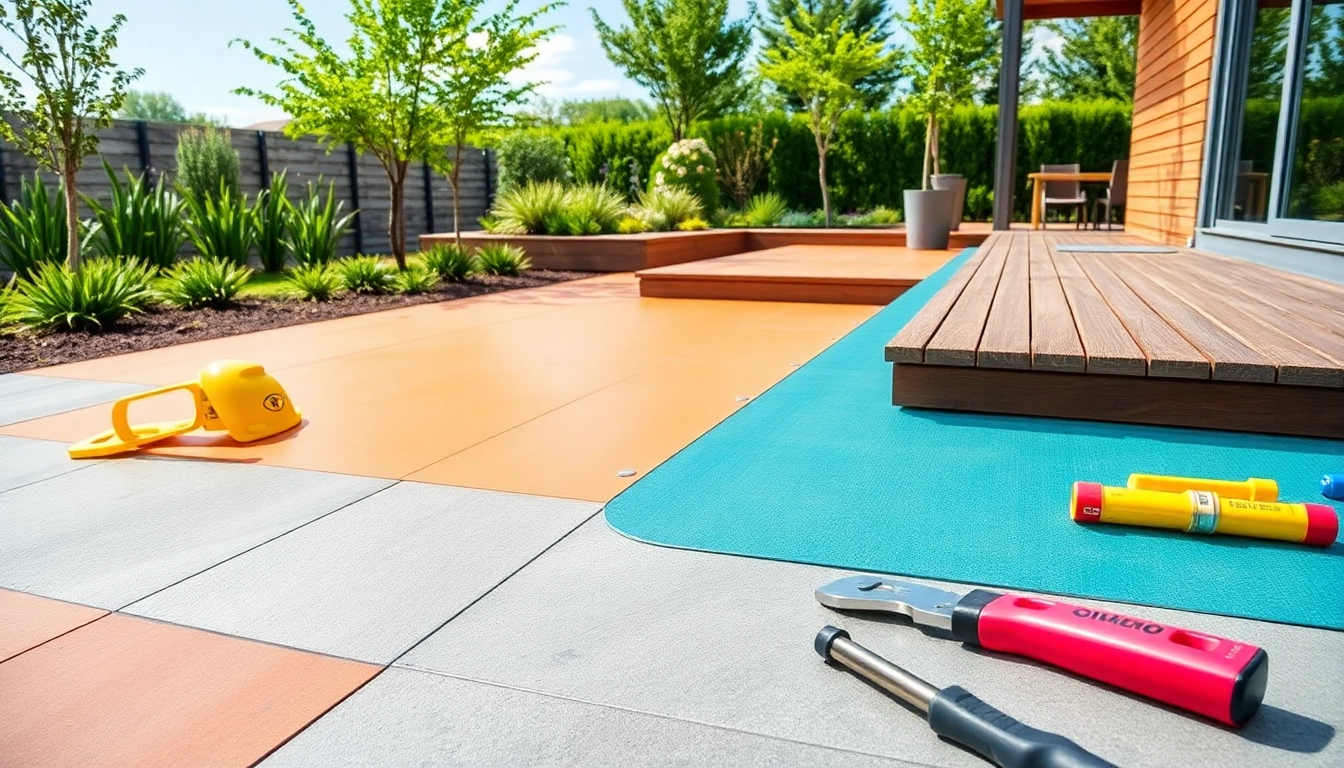 Showcase of surfacing solutions with diverse materials in a modern outdoor setting.
