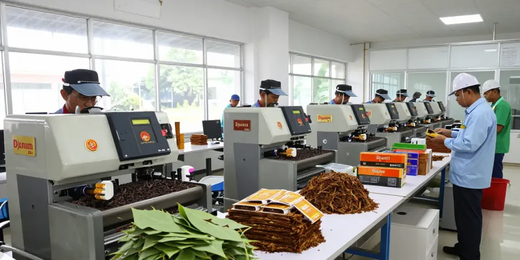 Djarum Bos production facility showcasing skilled workers crafting clove cigarettes with traditional methods.