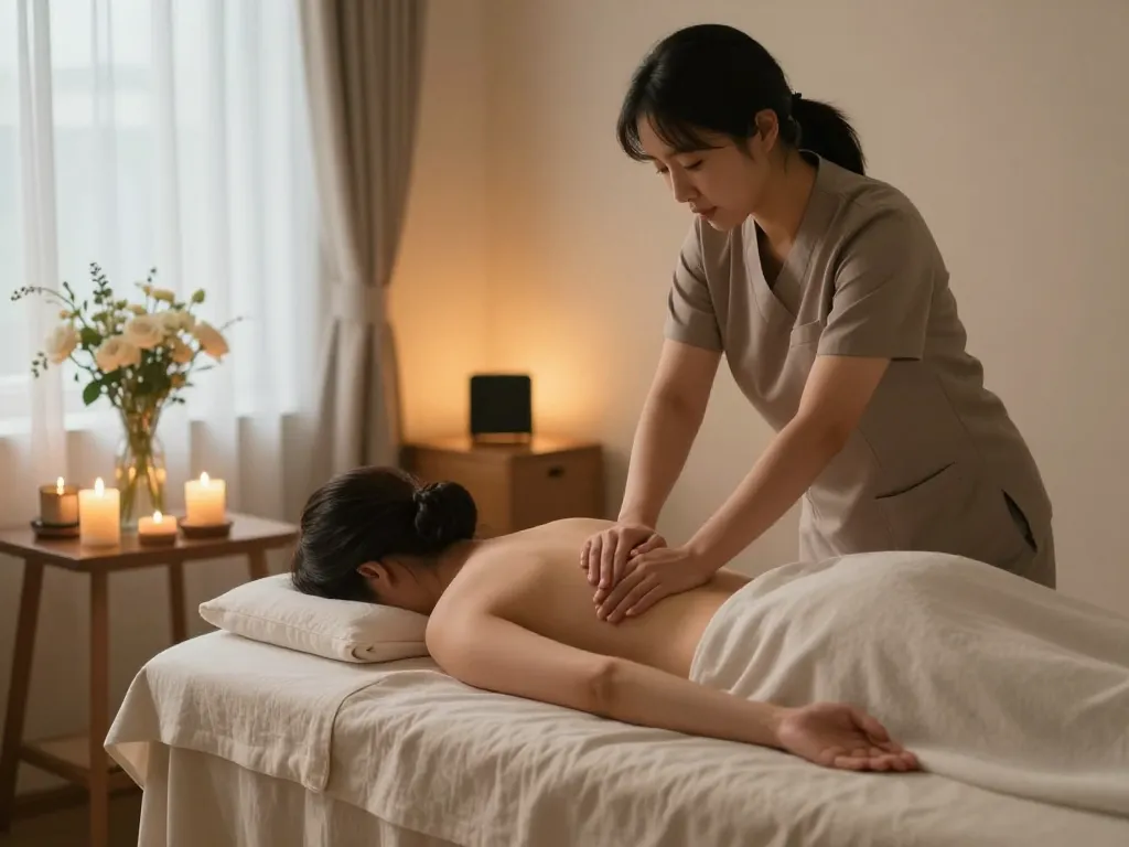 세련된 스파 환경에서 치료사와 고객이 함께하는 편안한 논현동마사지 치료 세션.