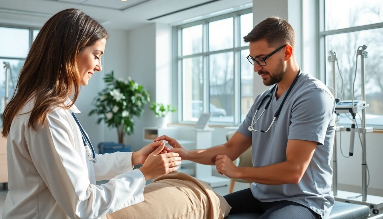 Physiotherapie Stuttgart: Therapeut unterstützt Patientin in moderner Praxis mit verschiedenen Techniken.