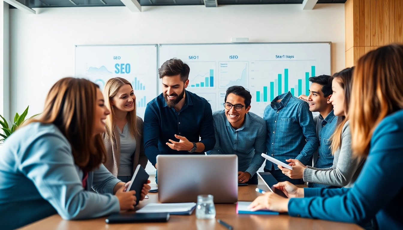 Engaged team of an seo company collaborating on data analysis for improved strategies.