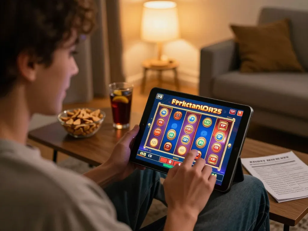 Playing online slots with depo 25 bonus 25 in a cozy home setting, featuring a tablet and strategic notes.
