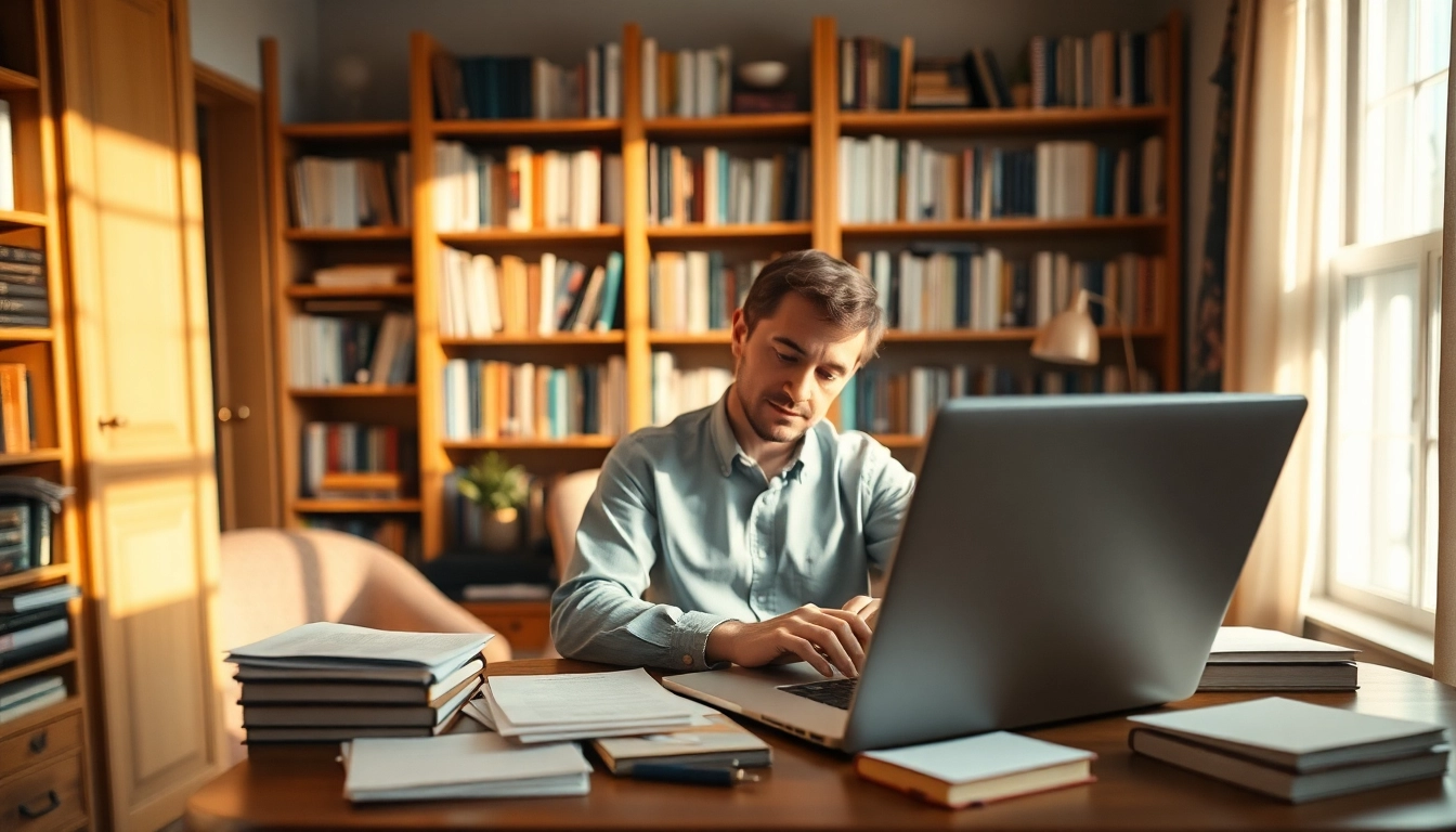 Author in a cozy home office setting, writing with notes and a laptop.