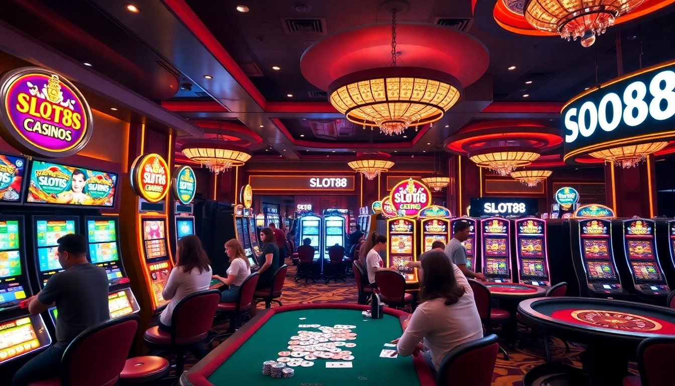 Enthusiastic players enjoying SLOT88 gaming machines at a luxurious casino.