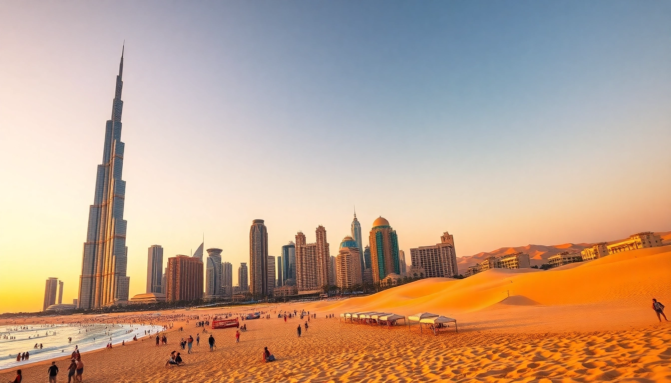 Explore Dubai's breathtaking skyline with iconic structures against a sunset backdrop, capturing the city's vibrancy.