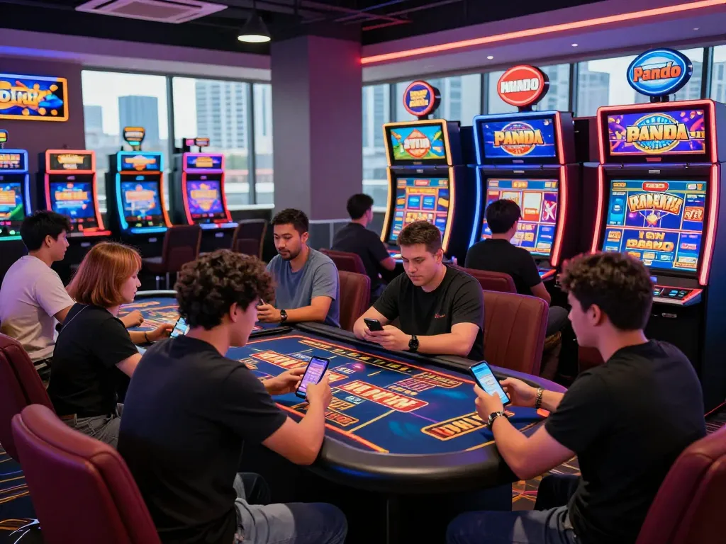Exciting players engaging at panda casino, enjoying games with vibrant neon lights and modern decor.