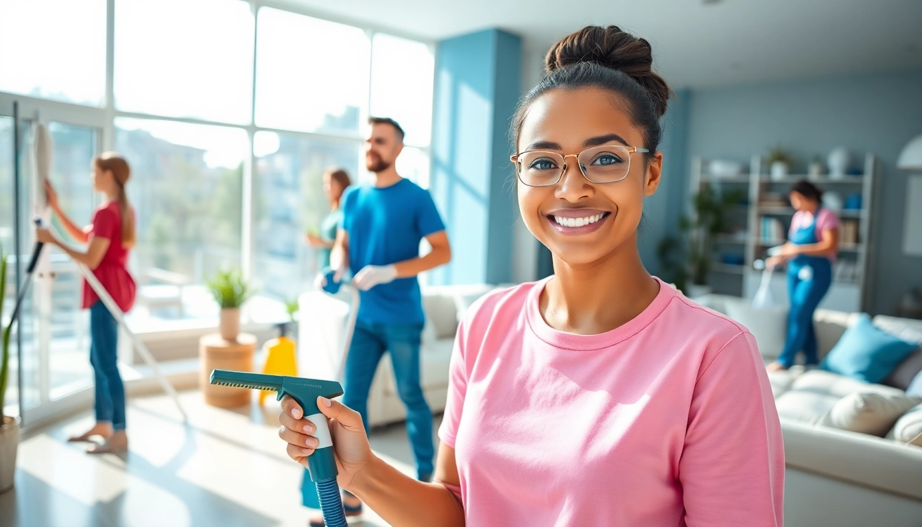 Enhance your home with a professional cleaning service team demonstrating eco-friendly practices.
