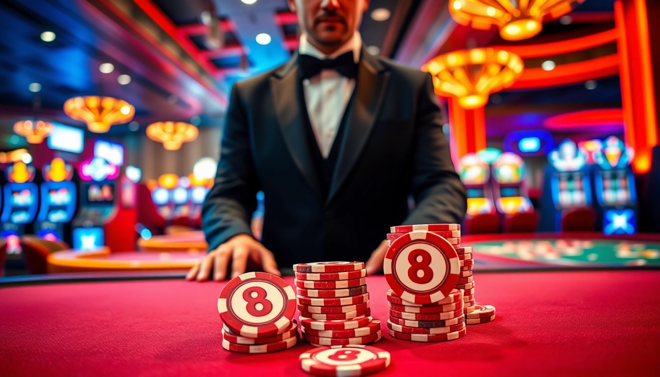 Engaging casino scene featuring 8win chips with a professional dealer and vibrant atmosphere.