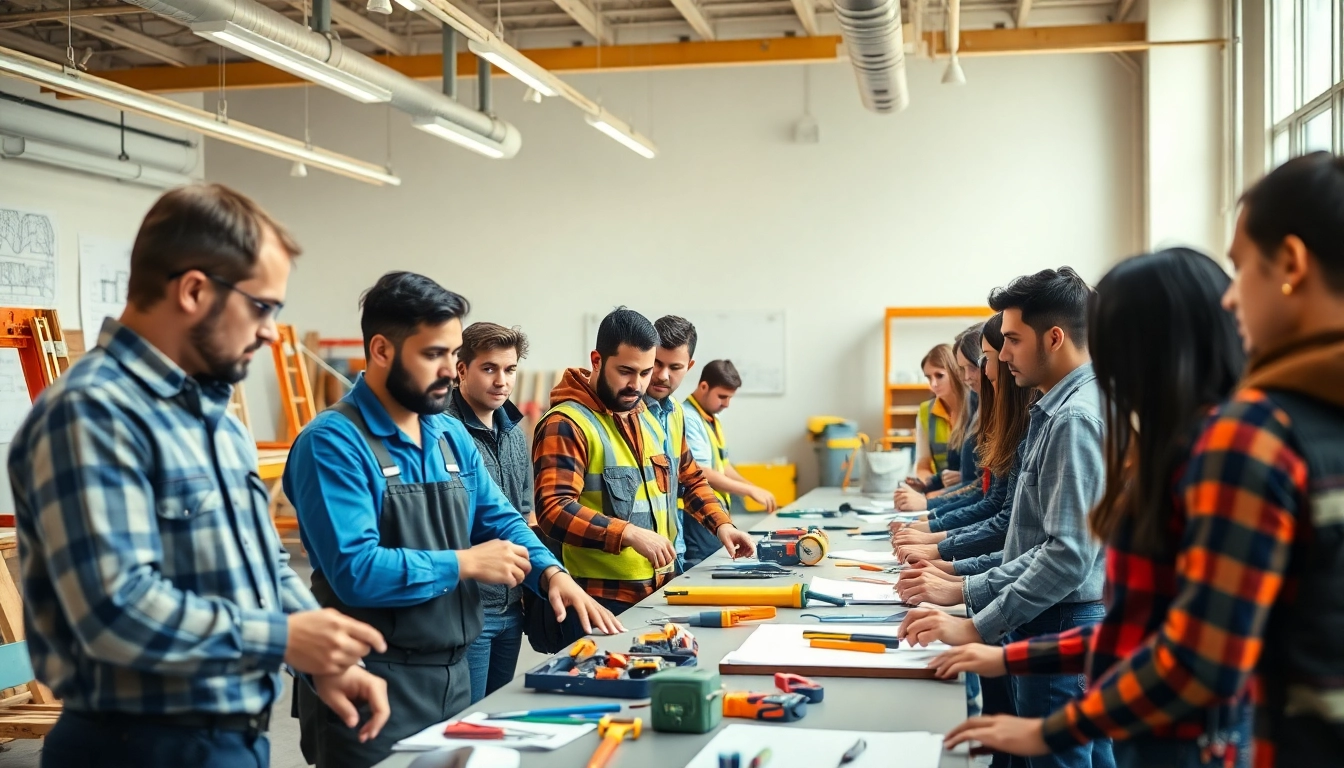 Engaged trainees in construction education environment focused on skill development and collaboration.