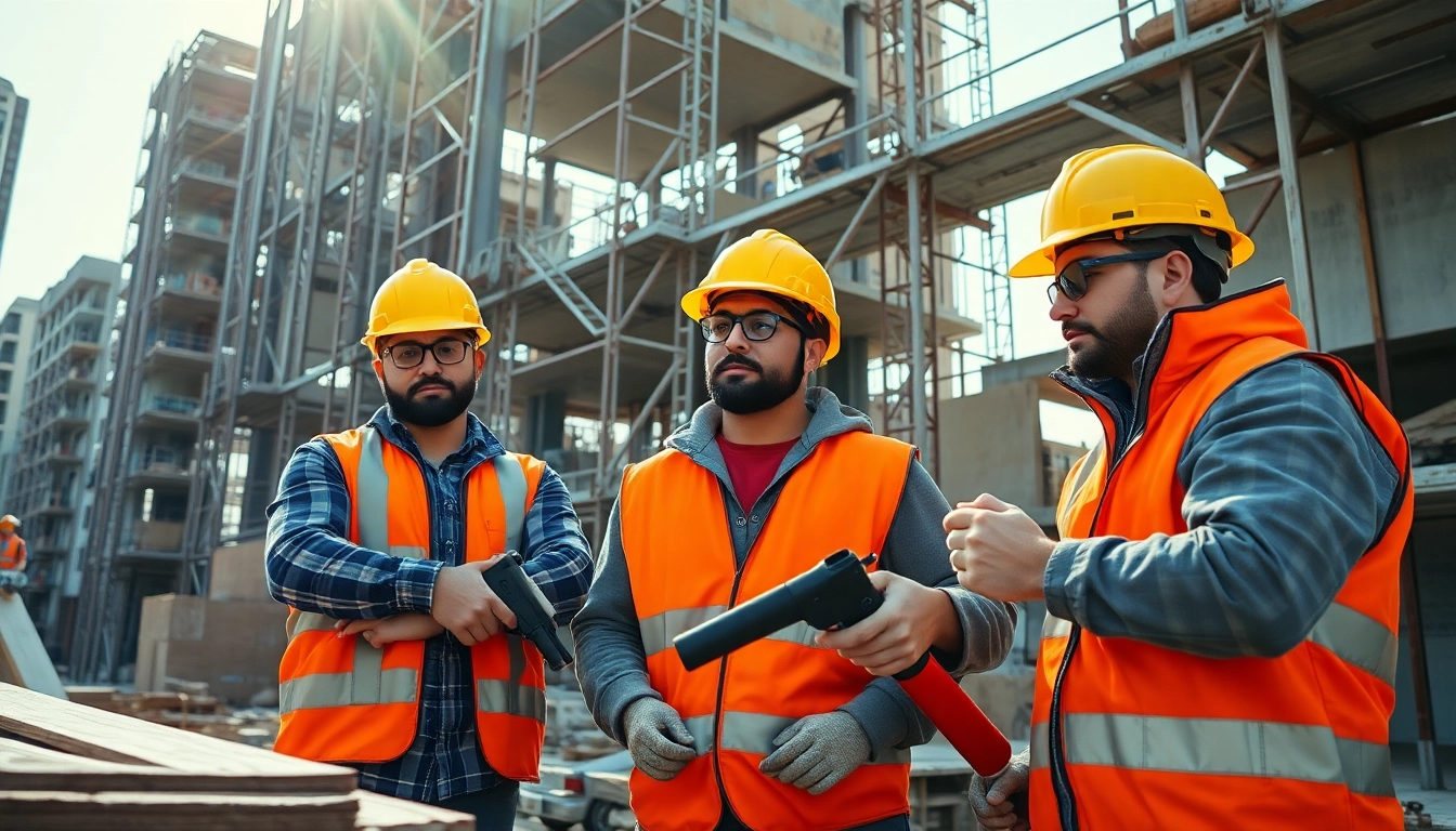 Engaged construction apprenticeship trainees learning hands-on skills in a vibrant construction site.