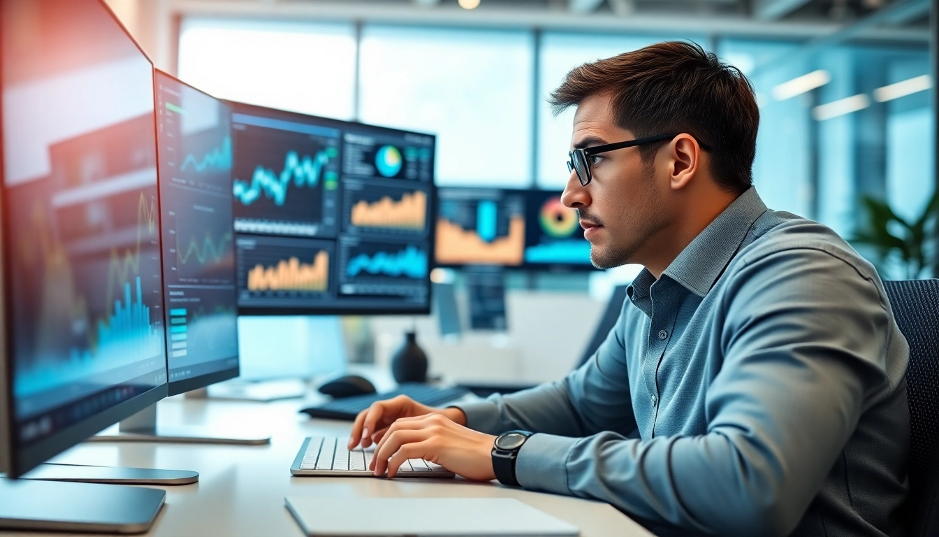 Data analyst focusing on Software demand planning in a modern workspace filled with charts.